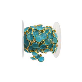18k Gold Plated Aqua Chalcedony Round Gemstone Bezel Connector 925 Sterling Silver Chains
