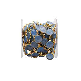 18k Gold Plated Round Blue Chalcedony Gemstone Bezel Set Connector Sterling Silver  Chain
