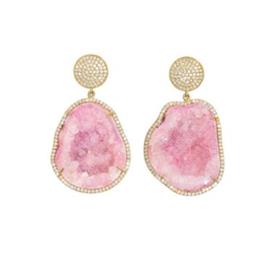 18k Gold Plated Pink Geode Prong Set Gemstone 925 Sterling Silver CZ Embedded Earrings