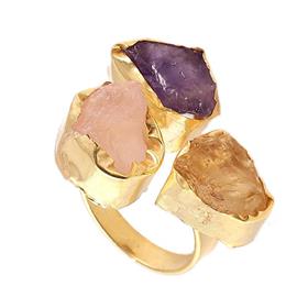 Raw Rose Quartz, Amethyts and Citrine Mutistone Sterling Silver Adjustable Ring