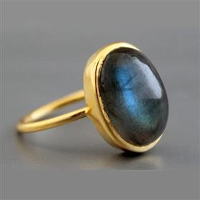18k Gold Plated Labradorite Oval Gemstone Bezel Set Sterling Silver Ring