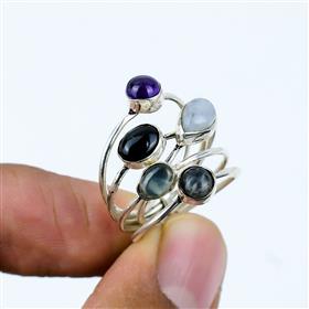 Natural Multi Gemstone Silver Band Rings