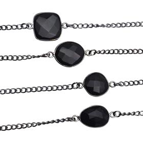 Black Rhodium Plated Mix Shape Black Onyx Gemstones Bezel Set Connector 925 Sterling Silver Chains