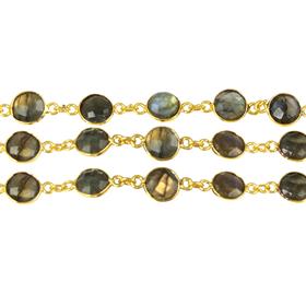 18k Gold Plated Round Shape Labradorite Gemstones Bezel Set Connector Sterling Silver Chain