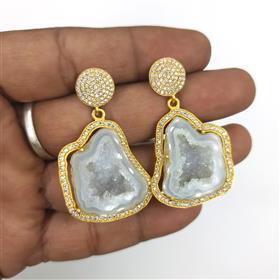 Wholesale White Window Geodes Gemstones with CZ Dangle Earrings