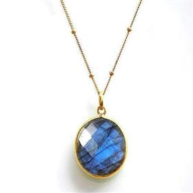 18k Gold Plated over 925 Sterling Silver Round Sape Labradorite Gemstone Bezel Necklace